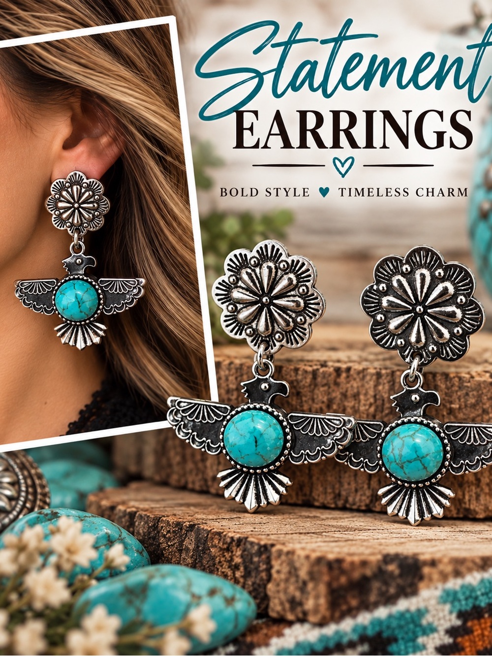 Turquoise Silver-Tone Statement Earrings - Boho Floral Drop